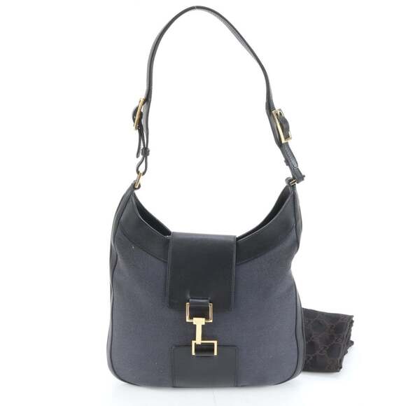 Gucci 001 4129 Leather Canvas Shoulder Bag Tote Handbag Black Women's - Picture 1 of 9